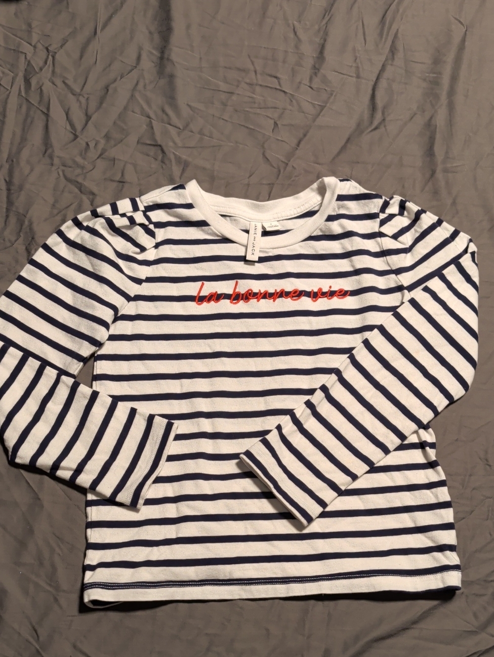 Janie and Jack Navy & White Striped Long-Sleeve Top with Red Script
